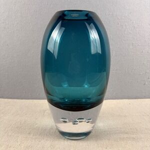 Krosno Poland Art Glass Vase Teal Blue Controlled Bubble Base Mid Century Modern